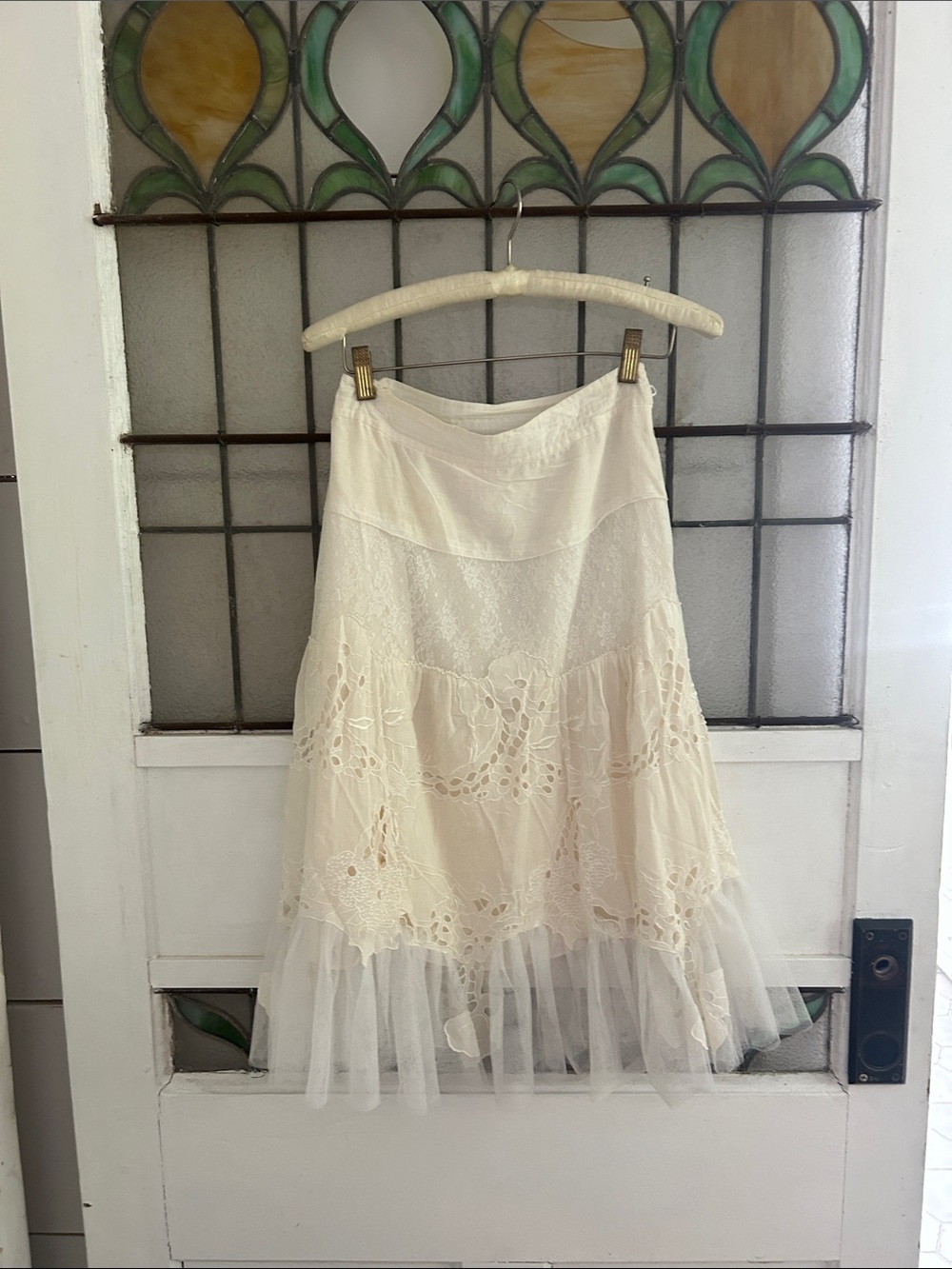 Rebecca Taylor Cream Lace & Tulle Midi Skirt